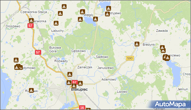 mapa Sadłowo gmina Biskupiec, Sadłowo gmina Biskupiec na mapie Targeo