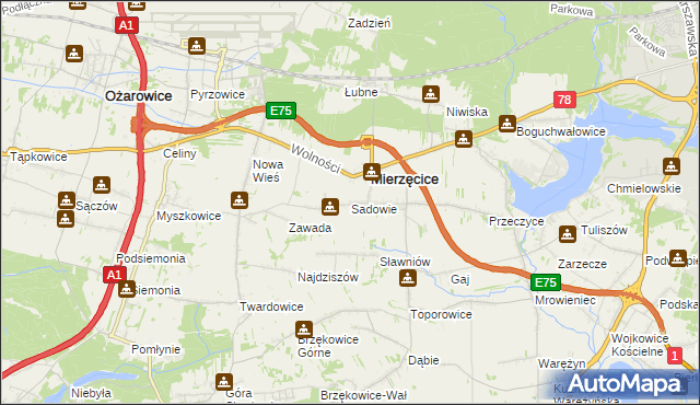 mapa Sadowie gmina Mierzęcice, Sadowie gmina Mierzęcice na mapie Targeo