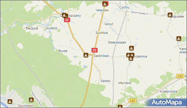 mapa Sarbinowo gmina Dębno, Sarbinowo gmina Dębno na mapie Targeo