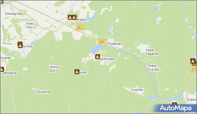 mapa Sarbinowo gmina Dobiegniew, Sarbinowo gmina Dobiegniew na mapie Targeo