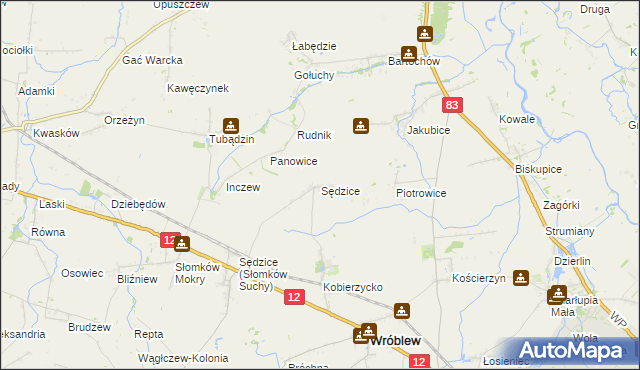 mapa Sędzice gmina Wróblew, Sędzice gmina Wróblew na mapie Targeo