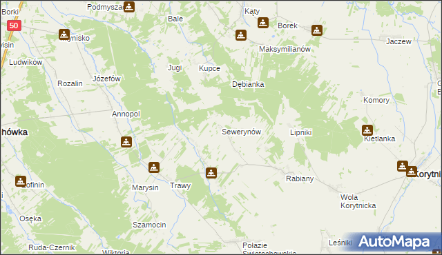mapa Sewerynów gmina Korytnica, Sewerynów gmina Korytnica na mapie Targeo