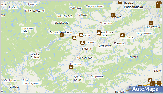 mapa Sidzina gmina Bystra-Sidzina, Sidzina gmina Bystra-Sidzina na mapie Targeo