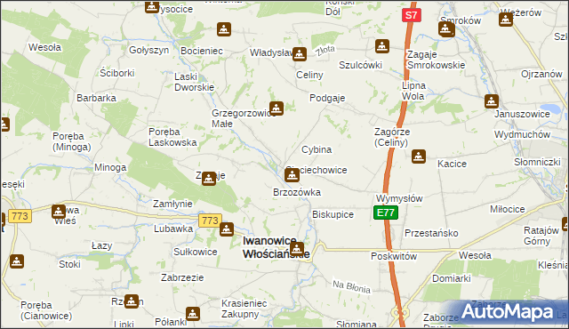 mapa Sieciechowice gmina Iwanowice, Sieciechowice gmina Iwanowice na mapie Targeo