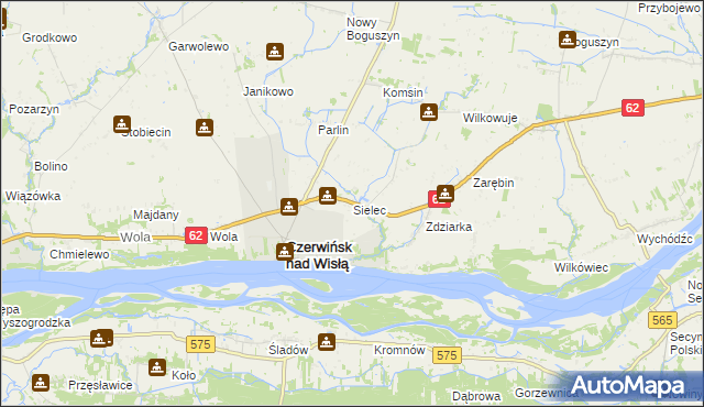 mapa Sielec gmina Czerwińsk nad Wisłą, Sielec gmina Czerwińsk nad Wisłą na mapie Targeo