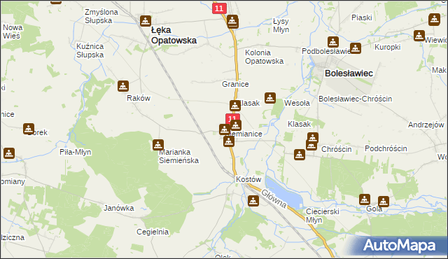 mapa Siemianice gmina Łęka Opatowska, Siemianice gmina Łęka Opatowska na mapie Targeo