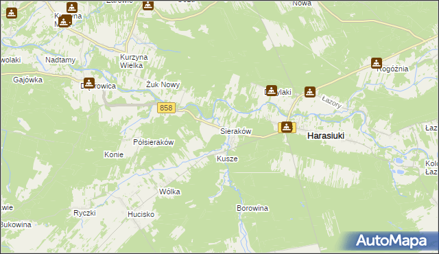 mapa Sieraków gmina Harasiuki, Sieraków gmina Harasiuki na mapie Targeo