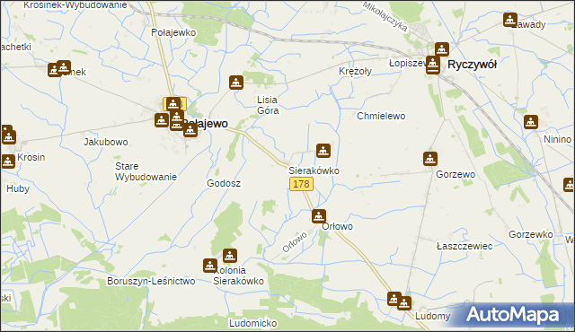 mapa Sierakówko gmina Połajewo, Sierakówko gmina Połajewo na mapie Targeo