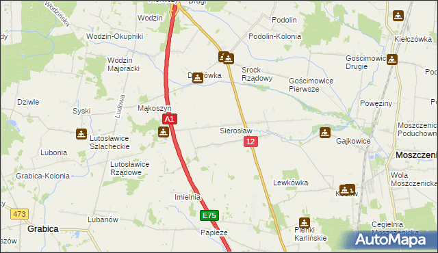 mapa Sierosław gmina Moszczenica, Sierosław gmina Moszczenica na mapie Targeo