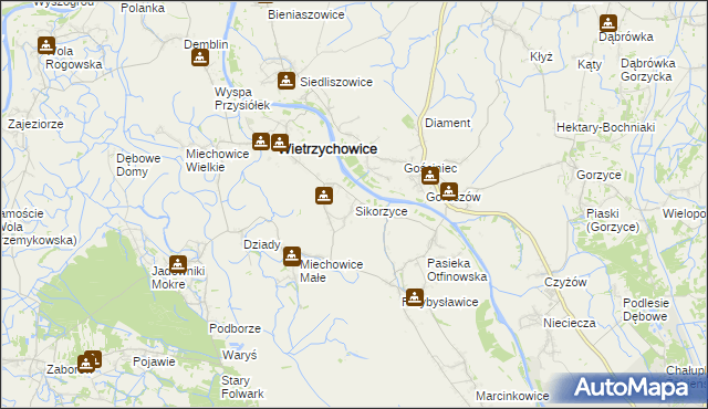 mapa Sikorzyce gmina Wietrzychowice, Sikorzyce gmina Wietrzychowice na mapie Targeo