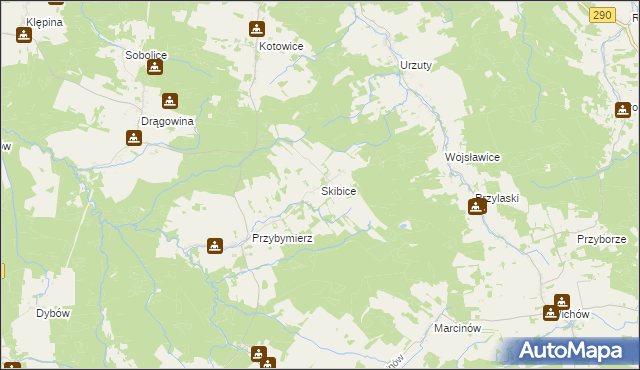 mapa Skibice gmina Nowogród Bobrzański, Skibice gmina Nowogród Bobrzański na mapie Targeo