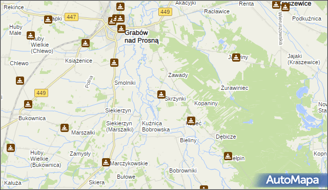 mapa Skrzynki gmina Grabów nad Prosną, Skrzynki gmina Grabów nad Prosną na mapie Targeo