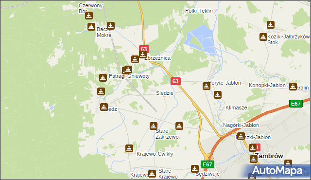 mapa Śledzie gmina Zambrów, Śledzie gmina Zambrów na mapie Targeo