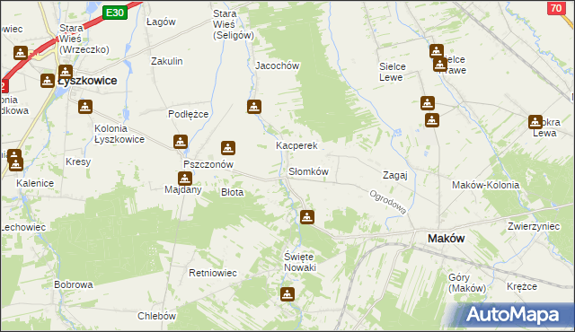 mapa Słomków gmina Maków, Słomków gmina Maków na mapie Targeo