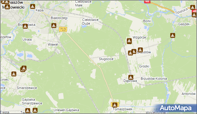 mapa Sługocice gmina Tomaszów Mazowiecki, Sługocice gmina Tomaszów Mazowiecki na mapie Targeo