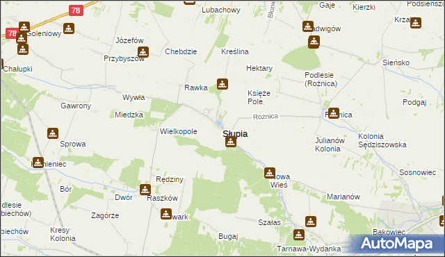 mapa Słupia powiat jędrzejowski, Słupia powiat jędrzejowski na mapie Targeo