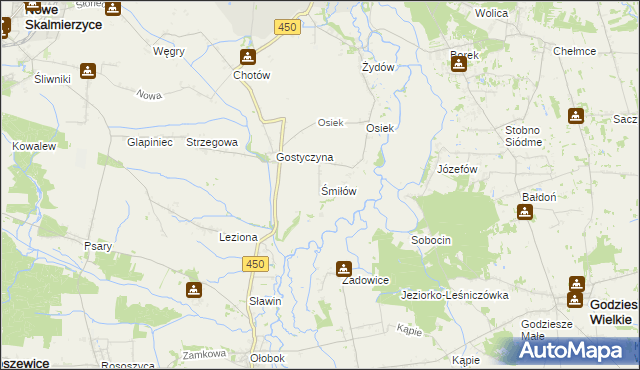 mapa Śmiłów gmina Nowe Skalmierzyce, Śmiłów gmina Nowe Skalmierzyce na mapie Targeo