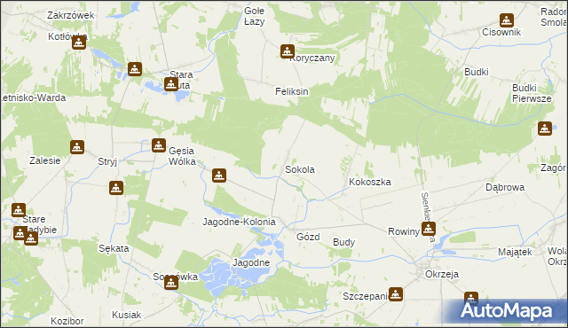 mapa Sokola gmina Kłoczew, Sokola gmina Kłoczew na mapie Targeo