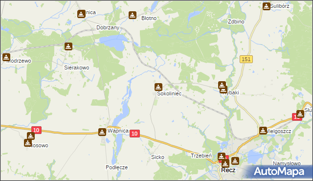 mapa Sokoliniec gmina Recz, Sokoliniec gmina Recz na mapie Targeo