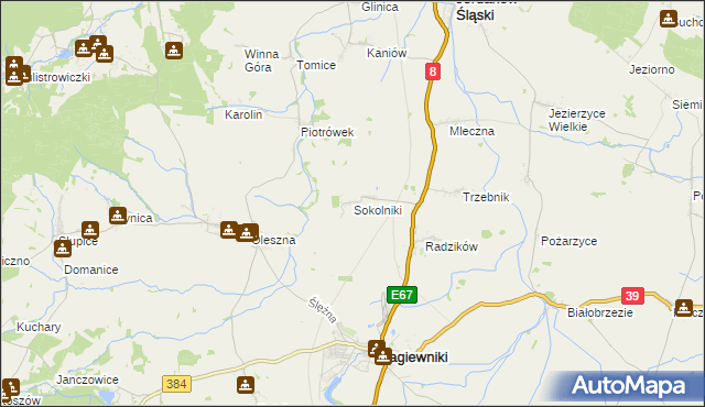 mapa Sokolniki gmina Łagiewniki, Sokolniki gmina Łagiewniki na mapie Targeo