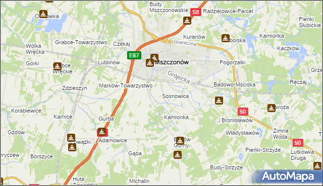 mapa Sosnowica gmina Mszczonów, Sosnowica gmina Mszczonów na mapie Targeo