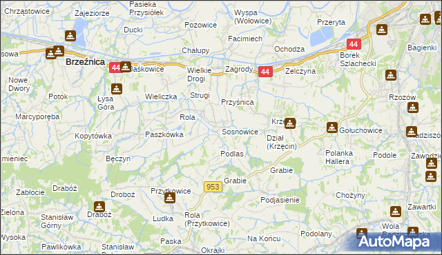 mapa Sosnowice gmina Brzeźnica, Sosnowice gmina Brzeźnica na mapie Targeo