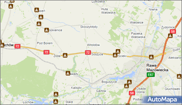 mapa Soszyce gmina Rawa Mazowiecka, Soszyce gmina Rawa Mazowiecka na mapie Targeo