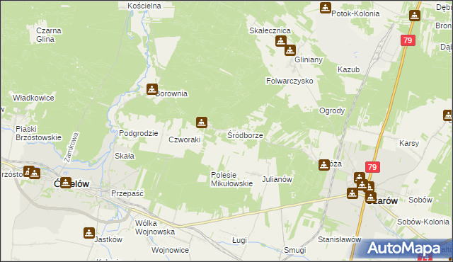 mapa Śródborze gmina Ożarów, Śródborze gmina Ożarów na mapie Targeo