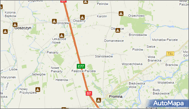 mapa Stanisławów gmina Promna, Stanisławów gmina Promna na mapie Targeo