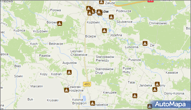 mapa Stanisławów Pierwszy gmina Szczerców, Stanisławów Pierwszy gmina Szczerców na mapie Targeo