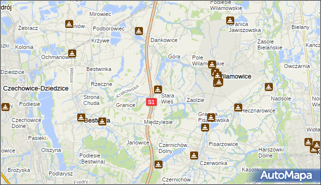 mapa Stara Wieś gmina Wilamowice, Stara Wieś gmina Wilamowice na mapie Targeo