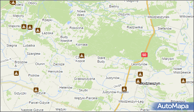 mapa Stare Budy gmina Młodzieszyn, Stare Budy gmina Młodzieszyn na mapie Targeo