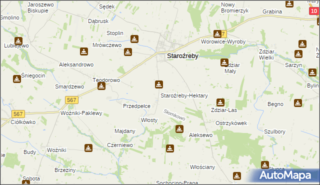 mapa Staroźreby-Hektary, Staroźreby-Hektary na mapie Targeo