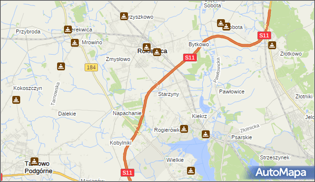 mapa Starzyny gmina Rokietnica, Starzyny gmina Rokietnica na mapie Targeo