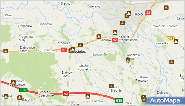 mapa Straszków gmina Kościelec, Straszków gmina Kościelec na mapie Targeo