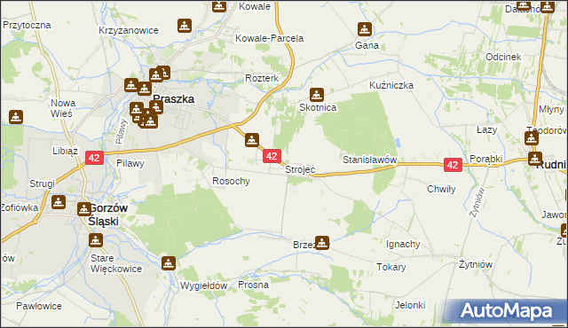 mapa Strojec gmina Praszka, Strojec gmina Praszka na mapie Targeo
