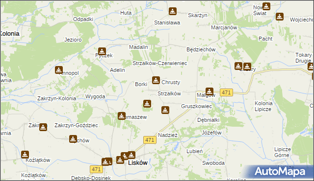 mapa Strzałków gmina Lisków, Strzałków gmina Lisków na mapie Targeo