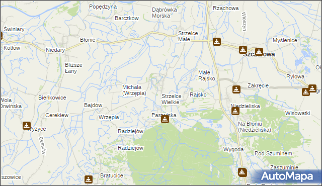 mapa Strzelce Wielkie gmina Szczurowa, Strzelce Wielkie gmina Szczurowa na mapie Targeo