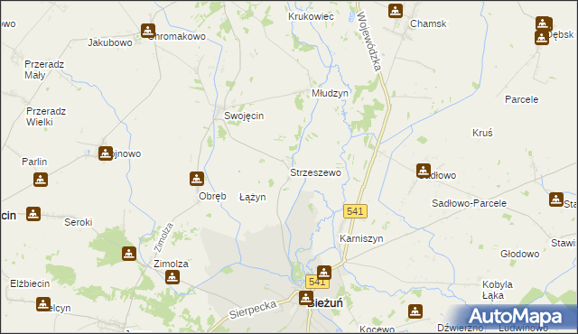 mapa Strzeszewo gmina Bieżuń, Strzeszewo gmina Bieżuń na mapie Targeo