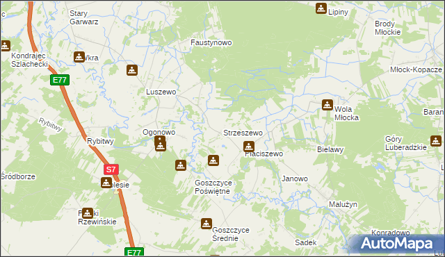 mapa Strzeszewo gmina Glinojeck, Strzeszewo gmina Glinojeck na mapie Targeo