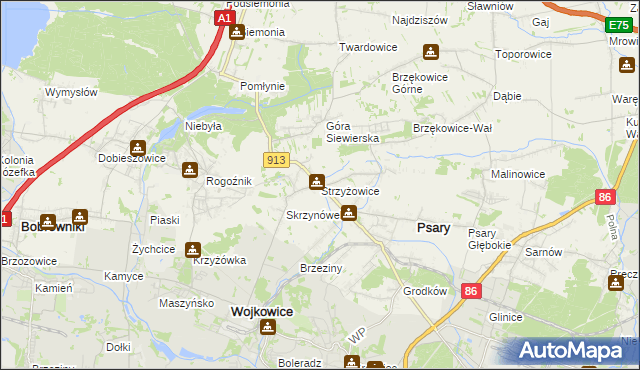 mapa Strzyżowice gmina Psary, Strzyżowice gmina Psary na mapie Targeo