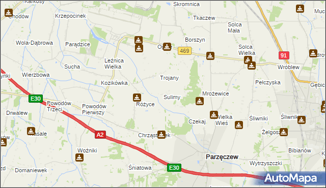 mapa Sulimy gmina Parzęczew, Sulimy gmina Parzęczew na mapie Targeo