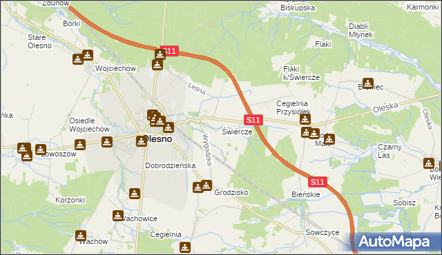 mapa Świercze gmina Olesno, Świercze gmina Olesno na mapie Targeo