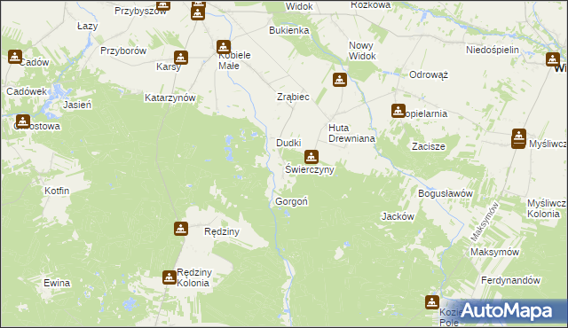 mapa Świerczyny gmina Kobiele Wielkie, Świerczyny gmina Kobiele Wielkie na mapie Targeo