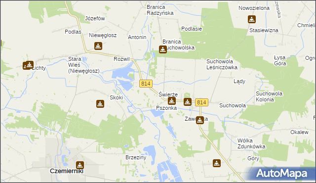 mapa Świerże gmina Wohyń, Świerże gmina Wohyń na mapie Targeo