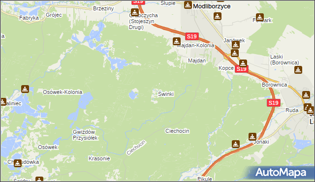 mapa Świnki gmina Modliborzyce, Świnki gmina Modliborzyce na mapie Targeo