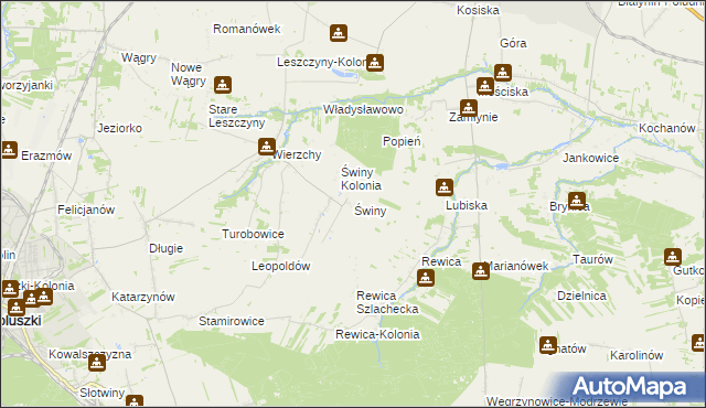 mapa Świny gmina Koluszki, Świny gmina Koluszki na mapie Targeo