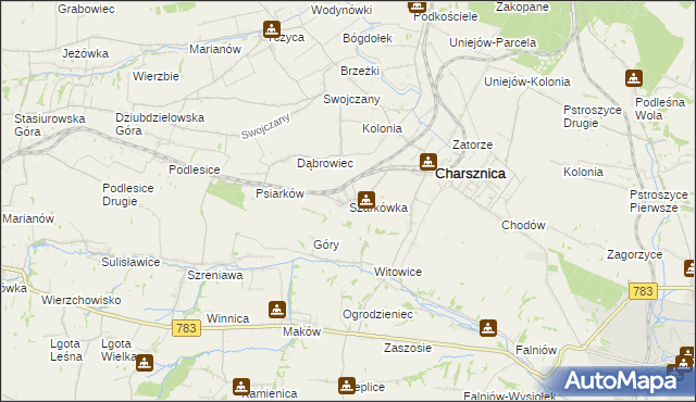 mapa Szarkówka gmina Charsznica, Szarkówka gmina Charsznica na mapie Targeo