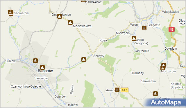 mapa Szczyty gmina Baborów, Szczyty gmina Baborów na mapie Targeo