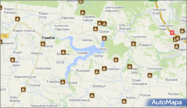 mapa Szeligi gmina Pawłów, Szeligi gmina Pawłów na mapie Targeo